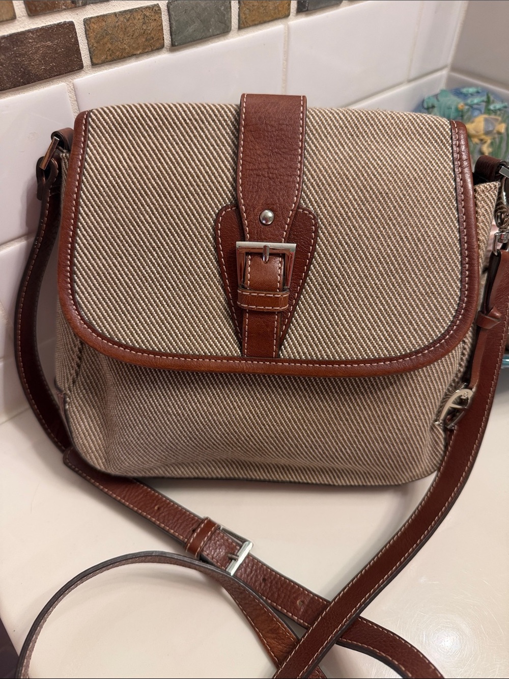 Etienne Aigner Tan Canvas and Brown Leather Crossbody Bag